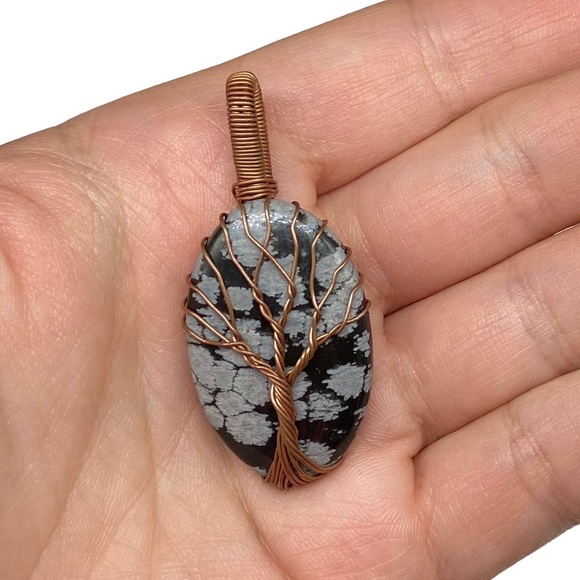 Jewelry - Snowflake Obsidian Necklace Pendant Copper Wire Wrap Wrapped Stone Tree of Life